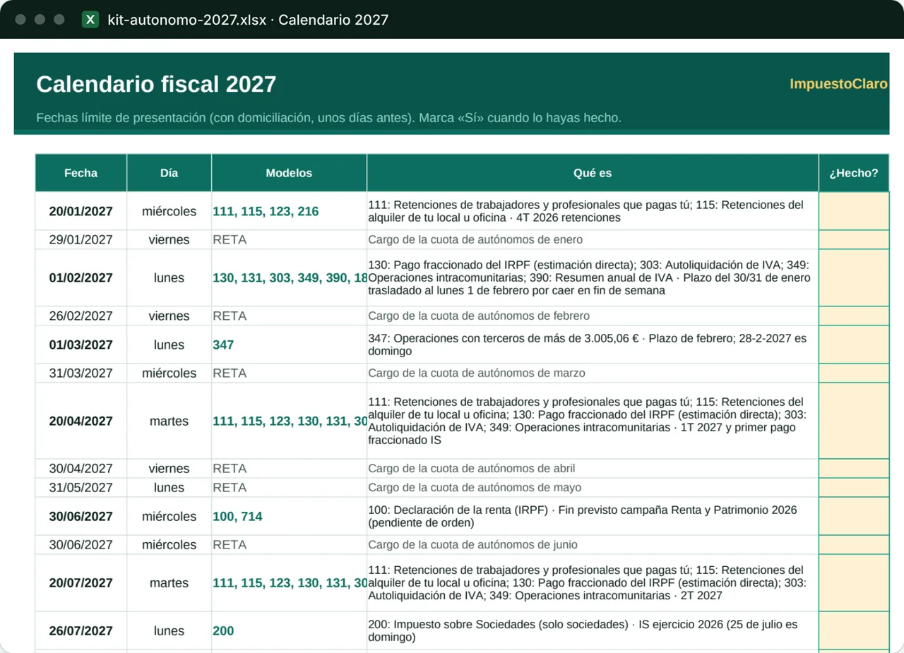 Calendario fiscal de 2027 con las fechas límite